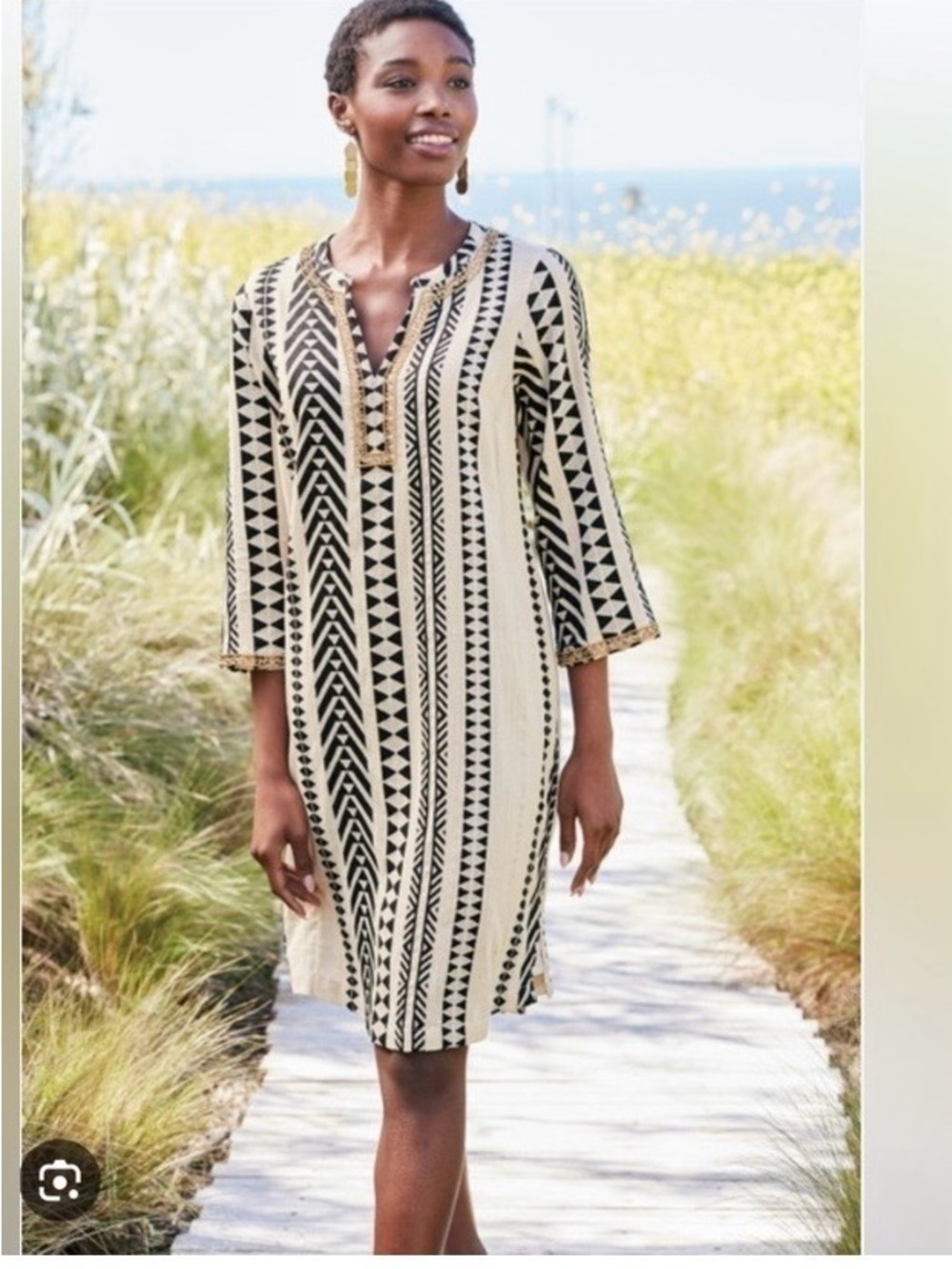 Boho Southwestern Soft Surroundings Black Cream Beaded Dress Tunic 3/4 Sleeve L